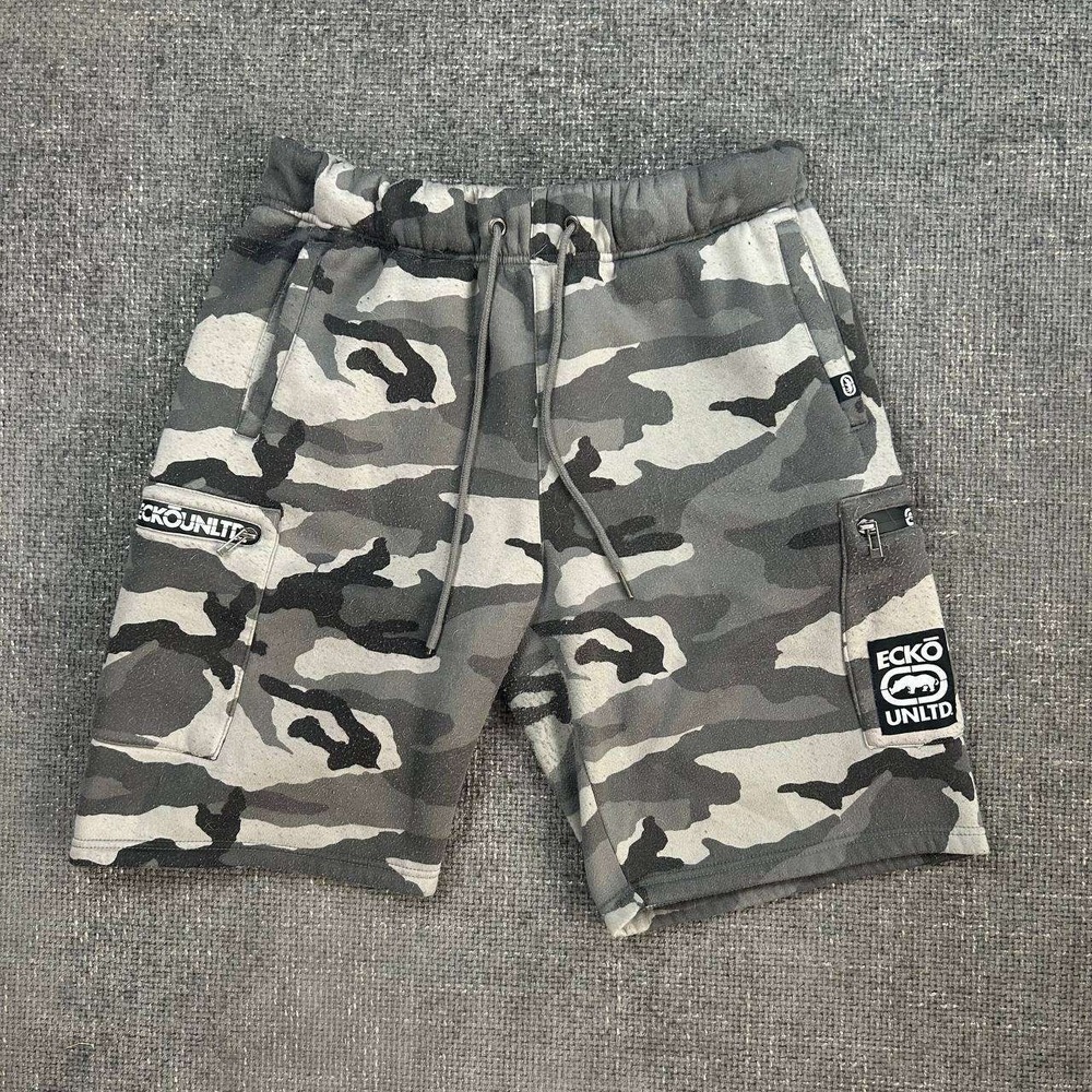 Ecko Unltd Camo Fleece Cargo Shorts Mens Large Grey Y2K Streetwear Sweats